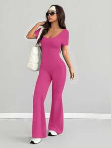 AITYI Studio 女士连体裤，修身剪裁，休闲 U 领纯色时尚性感舒适修身，适合户外运动，百搭实用，适合毕业典礼、新年、情人节、春夏等场合穿着。弹力针织短袖喇叭裤连体裤。 - 玫紅色 - 查看 5