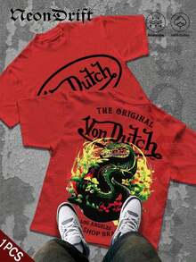 2026 New Arrival NeonDrift Double-Sided Printing Men's T-Shirt Men's Short-Sleeve T-Shirt100% Cotton Fabric Soft & Skin-Friendly Unisex Style Gifts For Spring Festival, Valentine's Day, St. Patrick's Day & World Cup-Van Dutch Dragon Print Men T Shirt Classic Americana Style Graphic Tee Streetwear Fashion Casual Wear For Car Enthusiasts And Vintage Culture Lovers,Camiseta De Verano Para Hombre - 紅色 - 查看 1