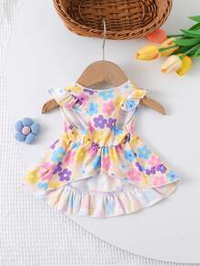 Summer Cute Pet Cat & Dog Print Dress With Flutter Sleeves, Bow Decor And Ruffle Hem - Yellow - View 2