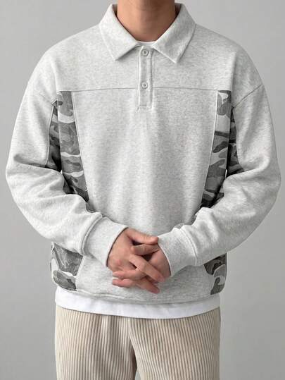 Men's Autumn Simple Patchwork Design Fashionable Loose Casual Ribbed Cuff & Hem Soft Comfortable Outdoor Pullover Sweatshirt With Stand Collar And Half-Zip Button