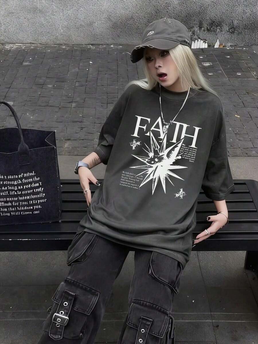 1件女士休闲宽松字母印花图案T恤，街头风圆领上衣，2026夏季款 - 深灰色 - 查看 1