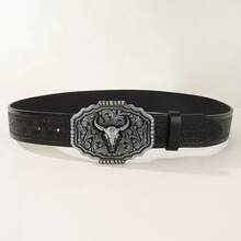 Cinturón de estilo vaquero de piel de PU con hebilla de cráneo de toro de polígono occidental, hebilla de aleación, bohemio - A - Ver 8