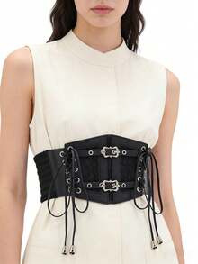 1件女士欧美风宽腰带，韩版复古时尚弹力束腰带连衣裙配饰 - 黑色針扣款 - 查看 10