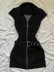 Women's Spring And Summer New Style Spicy Girl Retro Sleeveless Denim Dress, Niche Design, Waist-Cinching, Slim-Fitting Denim Skirt - màu đen - Xem 1