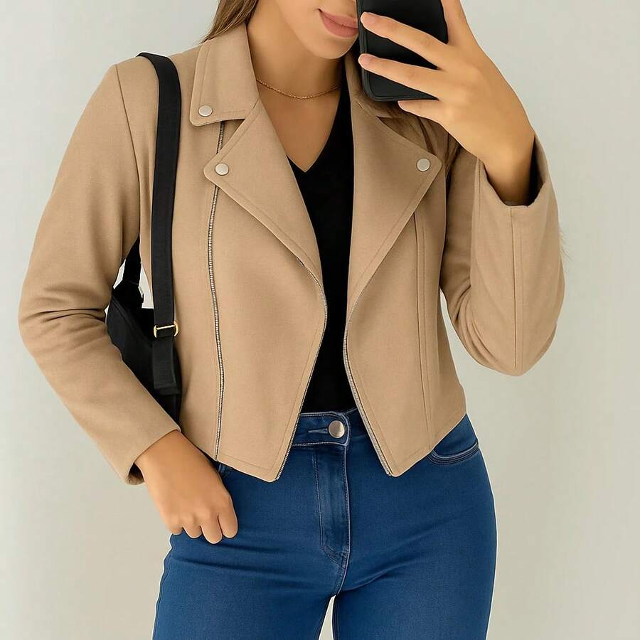 Jaqueta Feminina de Suede Estilosa Com Botões e Zíper Prata Estilo confortável Blusa de Frio