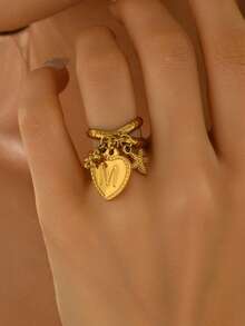 1pc Fashion Design 18k Gold Plated Stainless Steel Heart Initial Letter Charm Ring 26 A-Z Initial Alphabet Flower Starfish Pendant Open Ring Suitable For Women's Daily Wear Jewelry Gifts - Ring.. - View 3
