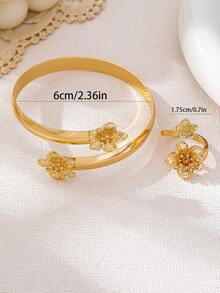 2pcs/Set Fashionable Elegant Metallic Flower Bracelet And Ring Jewelry Set For Women - Yellow Gold - View 4