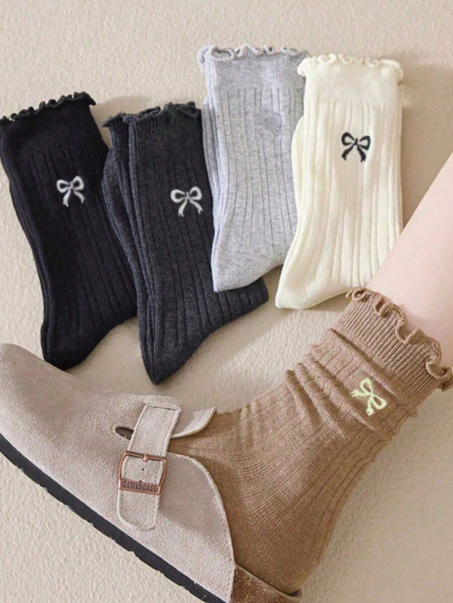 4 Pairs Women's Random Sweet Bowknot Ruffle Edge JK Style Comfortable Versatile Crew Socks - 彩色 - 查看 1