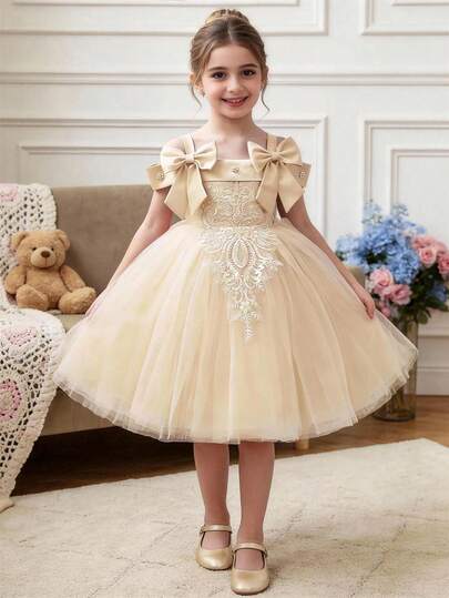 Young Girl Champagne Lace Floral Beaded Bow Tulle Party Dress, Elegant Princess Gown Suitable For Girl's Birthday Party, Prom, Wedding Flower Girl