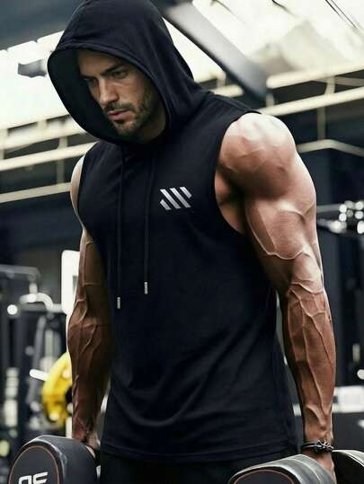 Men's Casual Printed Hooded Tank Top, Suitable For Fitness, Outdoor Sports And All Seasons Wear