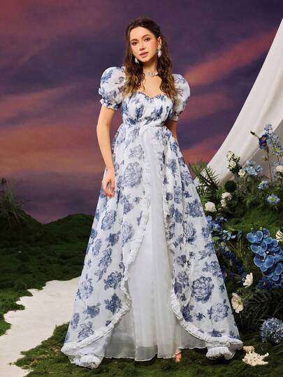 Faeriesty Đầm dạ hội dài tay cổ hình trái tim thanh lịch, tay phồng và chân váy xếp tầng bằng vải voan, thích hợp cho chụp ảnh, các buổi lễ kỷ niệm và kỳ nghỉ.