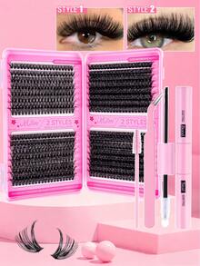 640pcs/Set D Curl Fluffy False Eyelashes, Thick & Voluminous, Multiple Combinations, Length 10-16mm, Natural & Soft. Set Includes Eyelash Glue, Adhesive, Fixing Spray, Tweezers & Brush, Suitable For Sparse Lashes & False Lashes. Suitable For Travel, Daily Wear (Beginner Friendly), Weddings, Dates, Parties, Holidays, Also Great As Christmas/Halloween/Gift Eyelash Set. - 黑色 - 查看 4