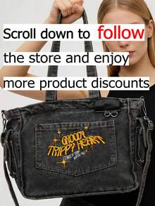 This Novel And Fashionable Classic Multi-Purpose Casual Backpack Features A Letter Graphic Design, With A Red Heart-Shaped Pendant, Exquisite Embroidery, And A Large-Capacity Metal Chain Shoulder Strap. Made Of Fabric With A Worn And Washed Treatment, It Is Very Suitable For School Or Commuting Use. - Black - View 3