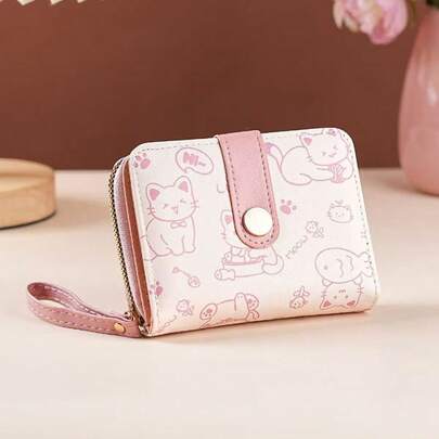 女士腕带钱包，时尚卡通印花，PU皮革拉链零钱包，适合日常外出、购物、通勤，集卡包和钱包功能于一体