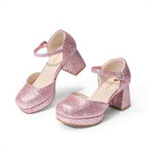 Girls Glitter Platform High Heels Square Toe Ankle Strap Wedding Party Pumps Flower Girl Shoes For Little Big Kid - Hồng - Xem 9
