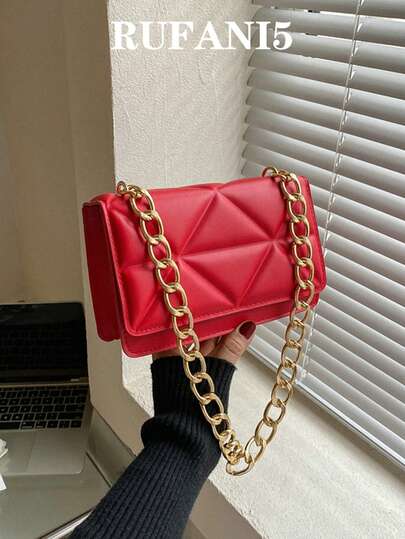 Mini Neon Red Geometric Embossed Flap Chain Square Bag