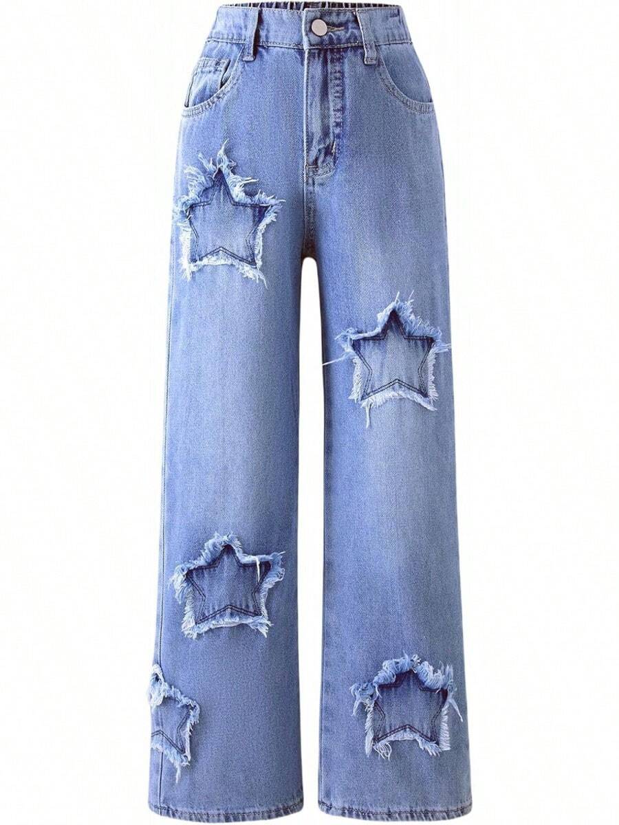 Girls Baggy Wide Leg Ripped Denim Jeans High Waist - 星-980 - 查看 1