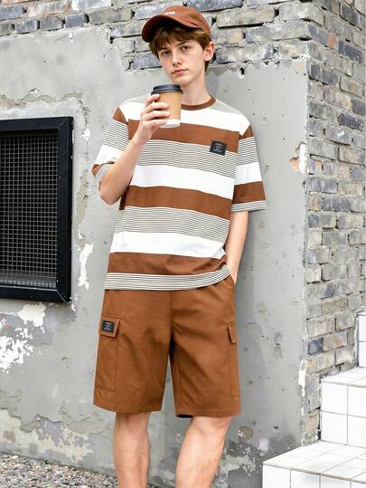Vintage Casual Outfit For Teens, Consisting Of Short Sleeve Top And Matching Striped Shorts With Cargo Pockets, Suitable For Daily Wear, Campus Activities, Outdoor Leisure, Spring/Summer
