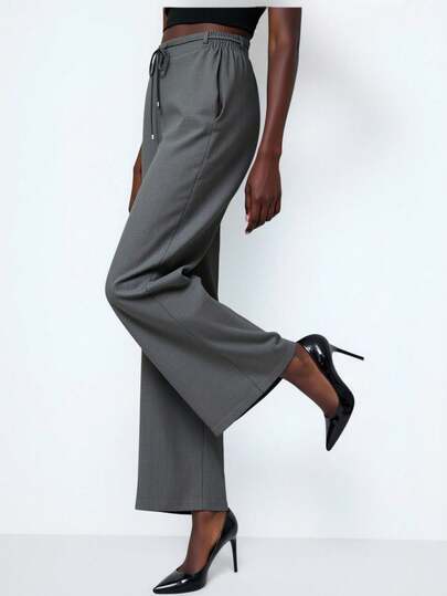 女士极简通勤裤，直筒宽松裤型，弹性腰带，金属扣腰带，春季款