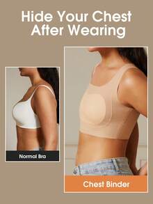 1件装女士胸部束带，弹性束胸隐形文胸背心，适用于FTM跨性别者，可调节以缩小胸部外观，塑身压缩上衣紧身平胸背心 MOVWIN - 杏色 - 查看 3