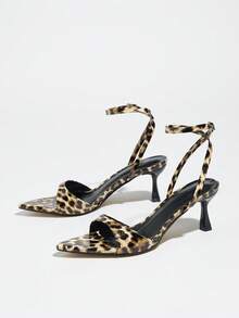 SHEIN BAE Spring/Summer Women's Glamorous Sexy Leopard Print Mirror Embossed Soft Synthetic Leather High Heel Sandals - Multicolor - View 3