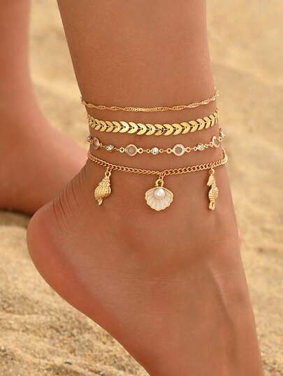 4pcs/Set Summer Ocean Style White Shell, Seashell, Seahorse Pendant Anklet, Fashionable Minimalist Gold Metal Chain Foot Jewelry For Women, Suitable For Daily Wear, Beach Vacation, Dating. Handmade Chain Can Be Cut To Desired Length