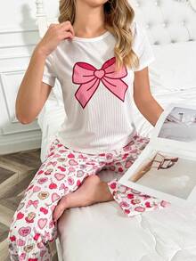 两件套女士春夏蝴蝶结印花上衣和爱心印花睡衣套装，短袖长裤睡衣套装 - 淺粉色 - 查看 1
