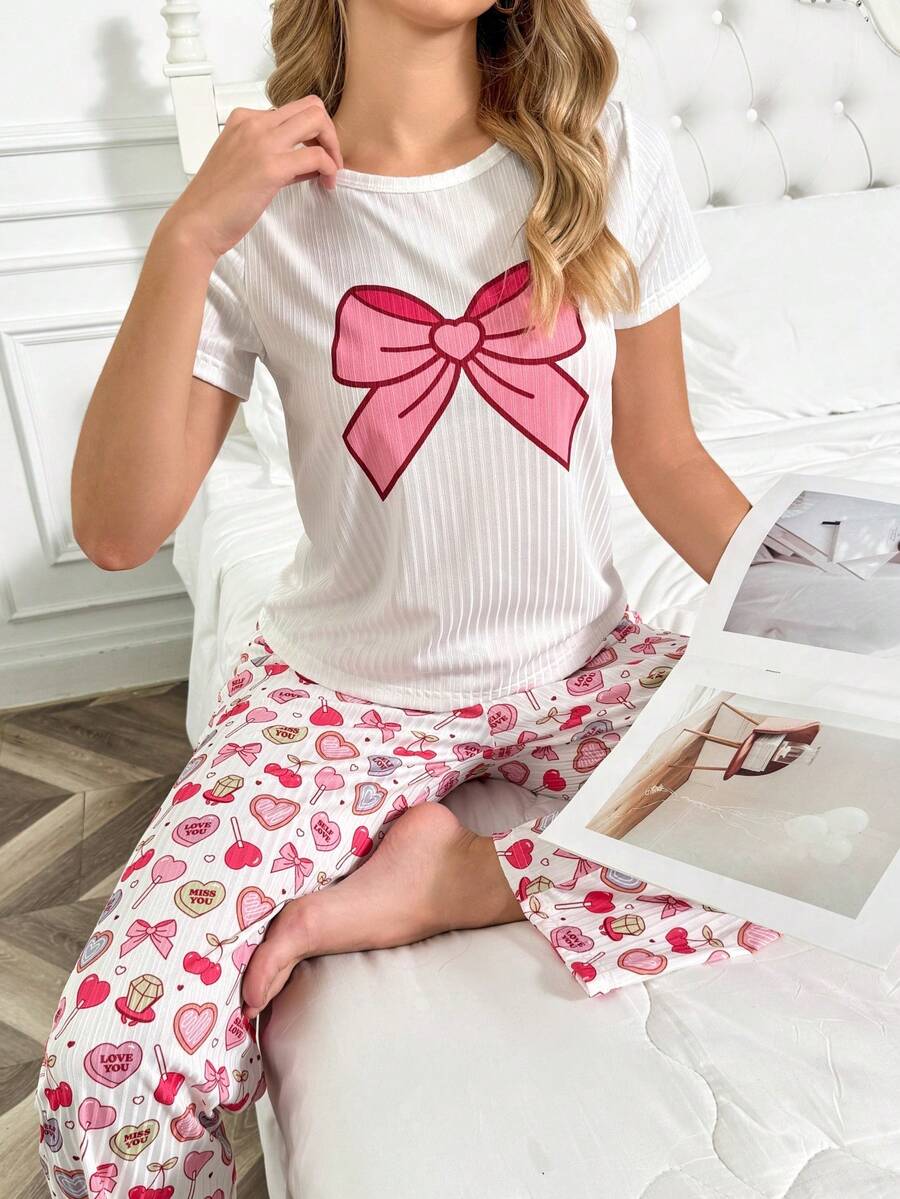 两件套女士春夏蝴蝶结印花上衣和爱心印花睡衣套装，短袖长裤睡衣套装 - 淺粉色 - 查看 1