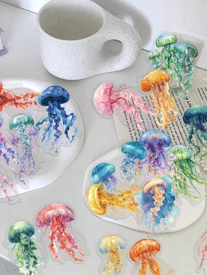 50pcs Multicolored Jellyfish Stickers Transparent PET Material Eye-Catching Creative Designs Perfect For Guitars, Skateboards, Scrapbooks, Water Bottles, Laptops, Party Decorations, Suitcases, Desktops, And Holiday Gifts