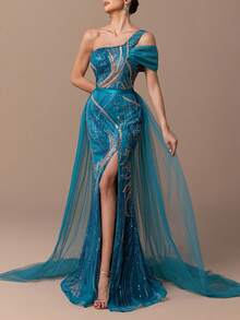 Faeriesty Wunderschönes einschultriges bodenlanges Abendkleid mit Perlenbesatz, asymmetrischer Tüllverzierung und hochgeschlitztem Meerjungfrauenrock - figurbetonter Schnitt für Sommerhochzeiten, rote Teppiche und elegante Partys - Taubenblau - Übersicht 3