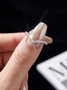 1pc Classic Unique V-Shaped Diamond & Moissanite Inlaid 925 Sterling Silver Luxury Wedding Ring, Engagement Ring, Promise Ring, Anniversary Ring, Women Jewelry Gift, Christmas Gift - Shallow V-shaped Moissanite Pavé Ring - View 6