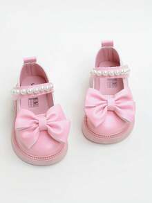1 Pair New Minimalist Princess Style Pearl Bow Solid Color Flat Shoes For Kids, Suitable For Performance, All Seasons - Pink - View 2