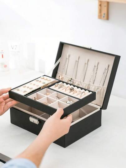 Nueva caja de joyería de gran capacidad y con cerradura, caja de almacenamiento de joyas de lujo de doble capa de piel sintética (PU), organizador de cajón de escritorio para collares, aretes, anillos, relojes, accesorios, decoración del hogar, bandeja de tocador, regalo para ocasiones especiales, regalo para ella, regalo de Navidad
