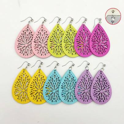 6 pares de pendientes de madera rústica con diseño tallado en forma de gota de agua, diseño sencillo, adecuado para mujeres, viajes, vacaciones, regalo para amigos