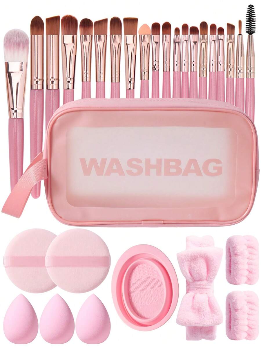 30PCS Makeup Tools Set Including:20PCS Makeup Brush Set+1pc Multi-Functional Zipper Toiletry And Cosmetic Bag Waterproof+2PCS Circular Powder Puffs+3PCS Makeup Sponges+1pc Makeup Brush Cleaning Tools+1pc Hairband+2PCS Hand Bowl Strap,All-In-One & Beginner-Friendly | Travel-Ready & Gift-Ready | Perfect For Newbies/Her - Multicolor - View 1