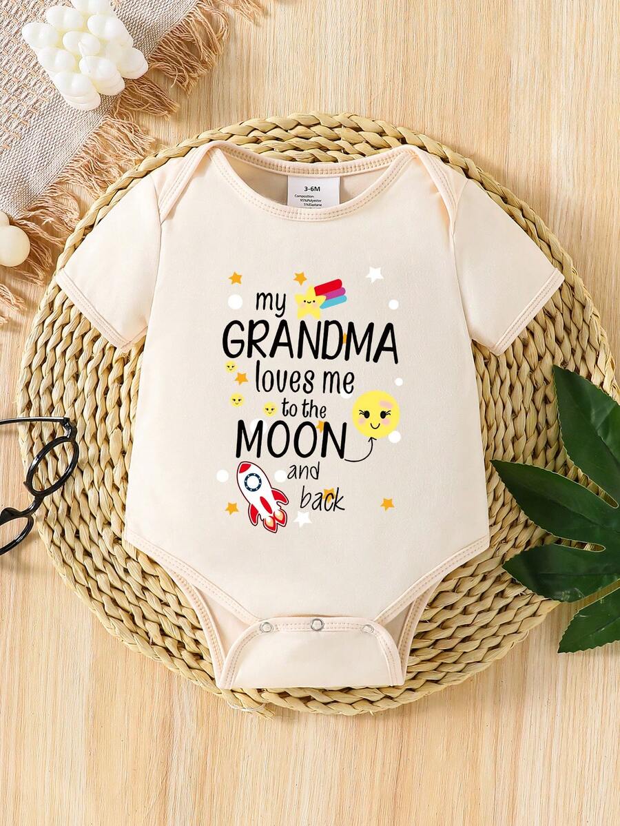 Baby Girl Cartoon Rocket & Smiling Face Slogan Print Romper - Beige - View 1