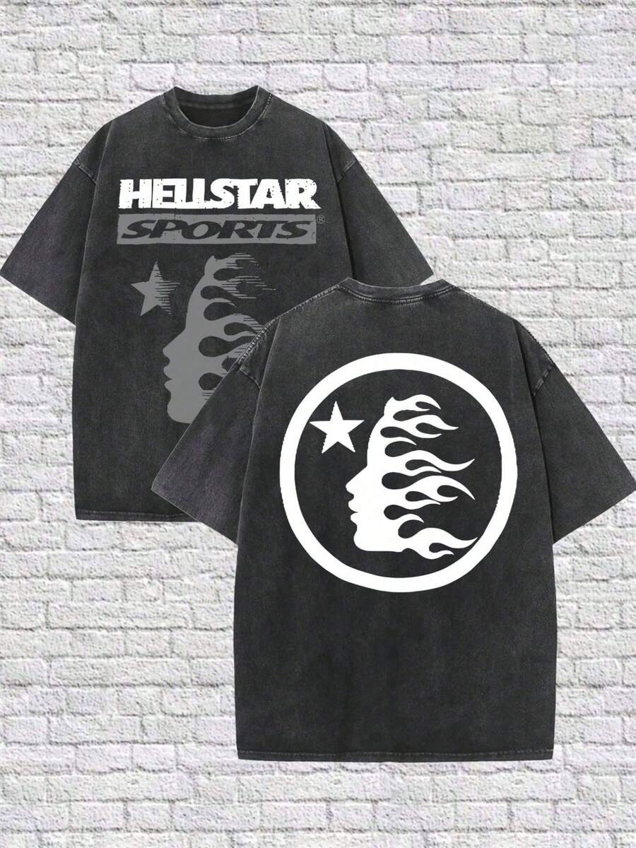 HELLSTARs SPORTS Flaming Face Logo Y2K Washed T-Shirt Double Sided Printed (230g 100% Cotton T-Shirt),Summer Clothes, Men's Tops, Casual And Comfortable, Fashionable Graphic Tee, Unisex Style - Black - View 1