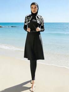 VFJ 布基尼女士泳装纯色伊斯兰泳装印花长袖全套三件套沙滩度假装带帽子 - 黑色 - 查看 2