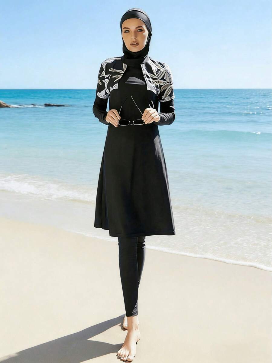 VFJ 布基尼女士泳装纯色伊斯兰泳装印花长袖全套三件套沙滩度假装带帽子