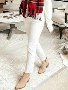 大码女式毛边弹力直筒修身锥形牛仔裤 休闲白色 - 白色 - 查看 5
