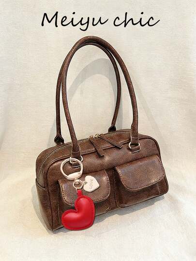 This Stylish PU Shoulder Bag Features A Minimalist Design With A Front Pocket And A Red Heart Charm. It's A Versatile Bowling Bag Style With A Smooth Metal Zipper And Double Handles, Allowing It To Be Carried On The Shoulder Or By Hand. The Interior Space Can Hold Lipstick, Keys, Cosmetics, And Other Daily Essentials. Perfect For Women's Commutes, Outings, Shopping, Or Dates.