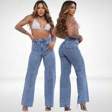 Calça Jeans Feminina Wide Leg Pantalona Marmorizada Cintura Alta 100% Algodão Premium Levanta Bumbum - MARMORIZADA - Visão 1