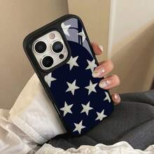 Navy Blue Background Silver Star Textured Pattern 17 Pro Max Phone Case, 16 Pro 15 14 13 12 11 Shockproof, Minimalist Creative, Premium High-Quality TPU With Straight Edge Glass Protection, Holiday Gift, Suitable For Various Occasions - Black - View 5
