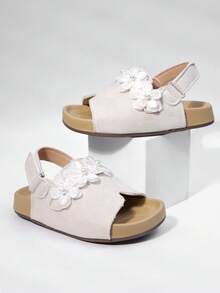 2 pezzi/set Sandali per ragazze, Nuovi sandali da principessa con fiori 2026, Suola morbida antiscivolo per bambini, In morbida pelle adatti per l'uso estivo - Beige - Visualizzare 4