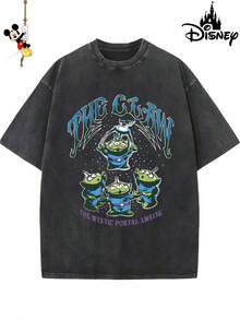 1 New Disney Cotton Washed T-Shirt, Disney Toy Story Alien Ice Cream Print, Round Neck Leisure And Comfortable Cotton Washed T-Shirt, Suitable For Sports And Daily Wear, Good Choice For Gifts, Party Essential, High-Quality Clothing, Suitable For Gifts. - 黑色 - 查看 1