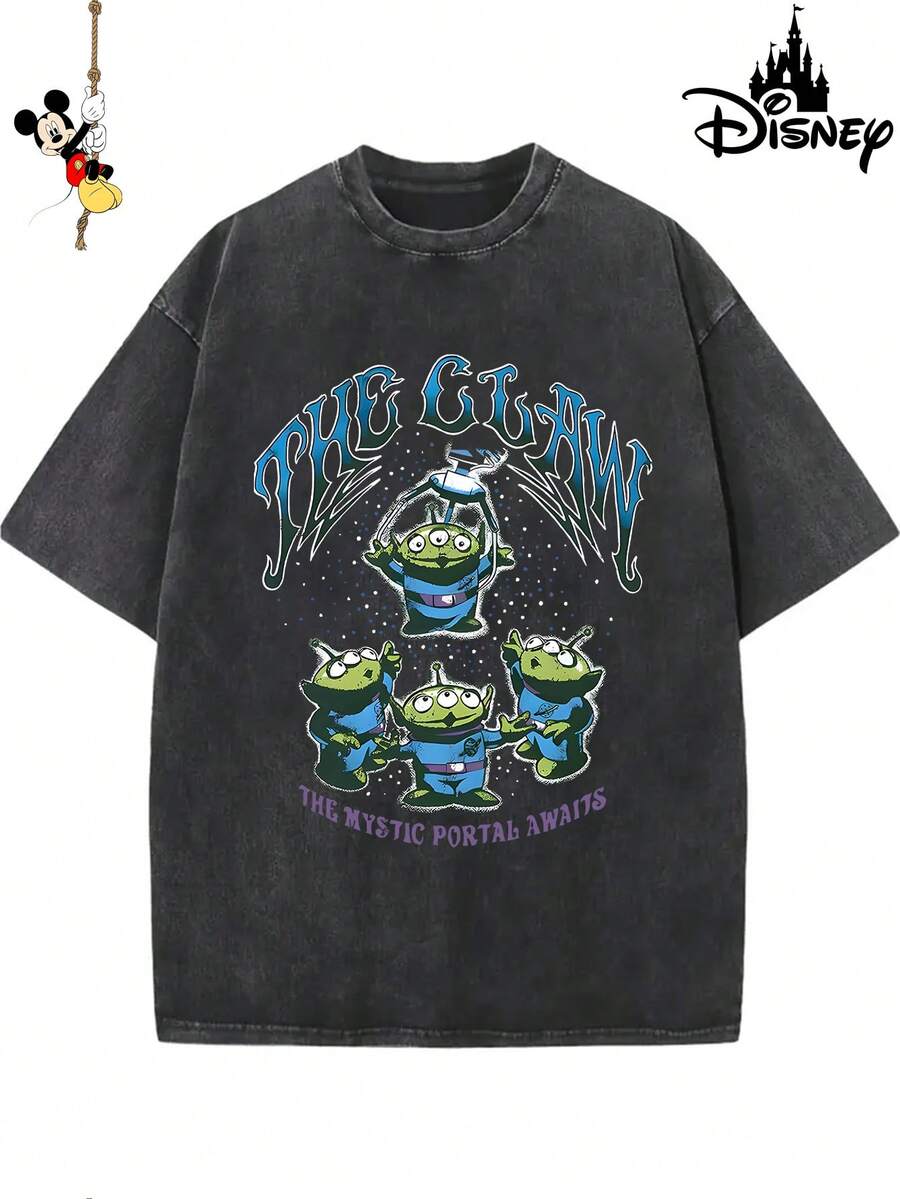 1 New Disney Cotton Washed T-Shirt, Disney Toy Story Alien Ice Cream Print, Round Neck Leisure And Comfortable Cotton Washed T-Shirt, Suitable For Sports And Daily Wear, Good Choice For Gifts, Party Essential, High-Quality Clothing, Suitable For Gifts. - 黑色 - 查看 1