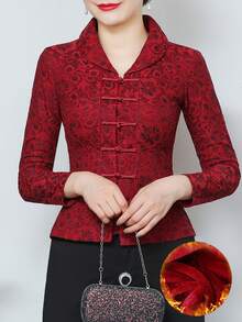 2026 Autumn/Winter Lace Long-Sleeved Outerwear For Women, Retro Style, Chinese-Style Lapel, Slim Fit, Fleece Lined For Warmth, Fold-Down Opening, Asian Sizes, Perfect Mother's Day Gift, Popular With Women, Stylish Outerwear, High-Value Outerwear, Suitable For Everyday/Casual/Social/Occasion/Vacation/Events/Holidays - 酒紅色 - 查看 6