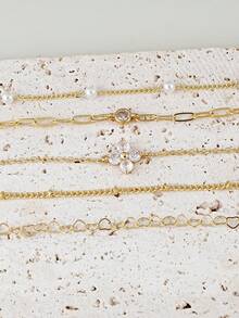 5pcs Elegant Cubic Zirconia Cross & Clover Decor Bracelet Set, Multi-Layer Stackable Daily, Party Jewelry, Best Gift For Festivals - Yellow Gold - View 2