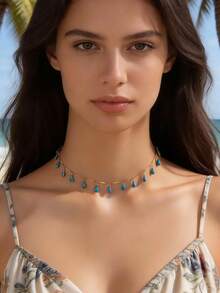 imoli 1 chiếc vòng cổ choker tua rua nhỏ giọt bằng hợp kim kẽm tối giản dành cho nữ, quà tặng (Dây chuyền thủ công tùy chỉnh theo kích cỡ. Số lượng mặt dây chuyền thay đổi, Màu sắc nhỏ giọt có thể khác một chút do màu thủ công và thay đổi theo lô) - Màu xanh lam - Xem 3