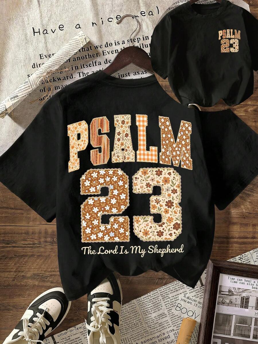Áo thun nữ tay ngắn cổ tròn kiểu dáng thường ngày, in câu Kinh Thánh Thi Thiên 23 "Chúa là người chăn chiên của tôi", thiết kế mang hơi hướng cổ điển, phù hợp cho mùa thu/đông, mùa hè. - màu đen - Xem 1
